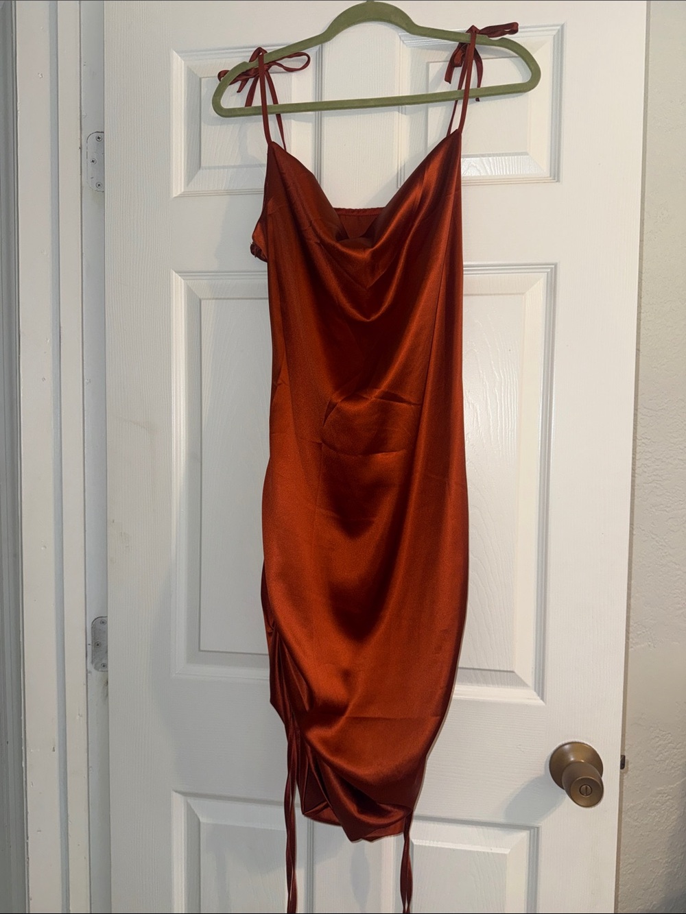 Tie-Shoulder Satin Midi Dress in Rust